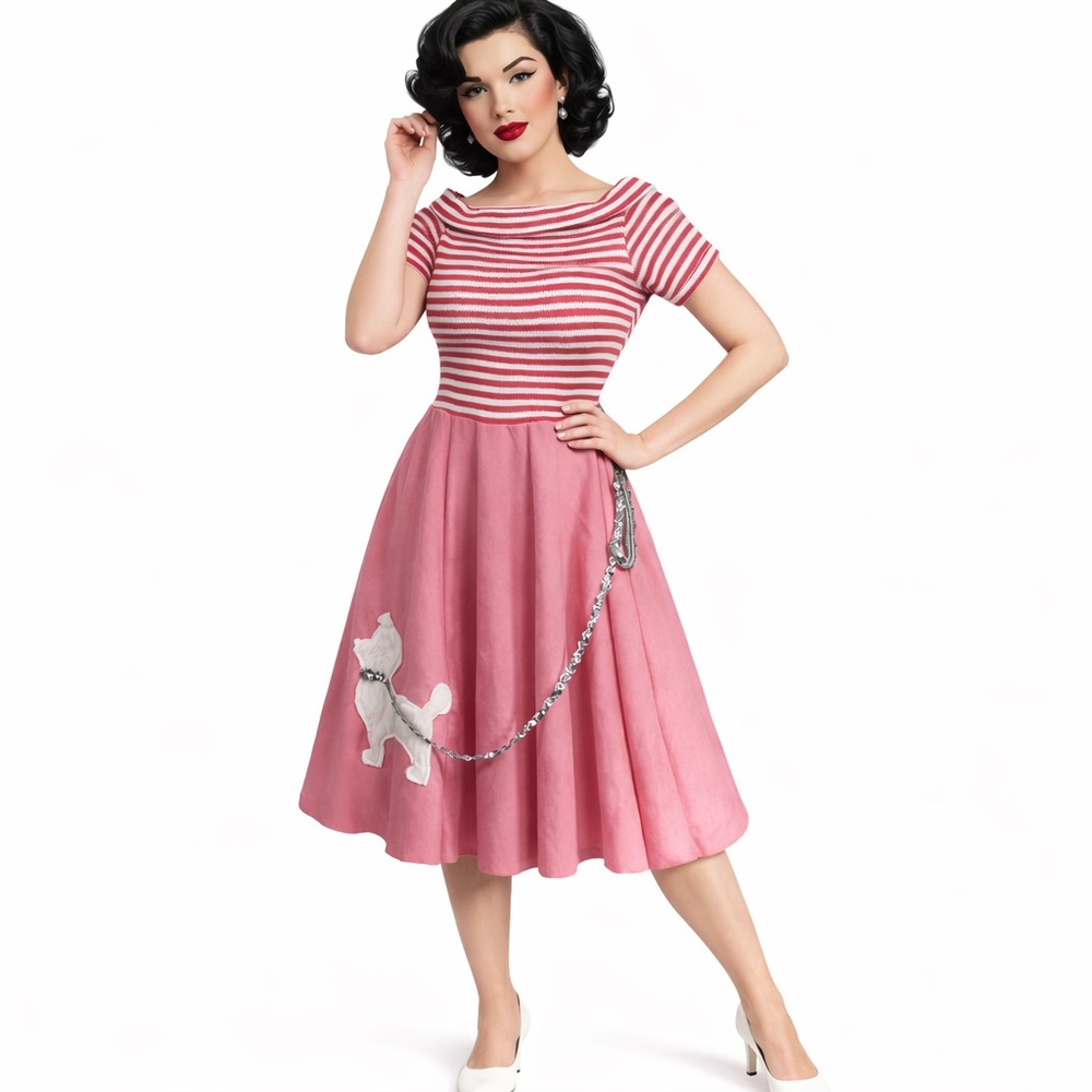 Rubie’s Pink White Stripe‎ 50’s Silver Sequin Leash Poodle Skirt Dress Costume